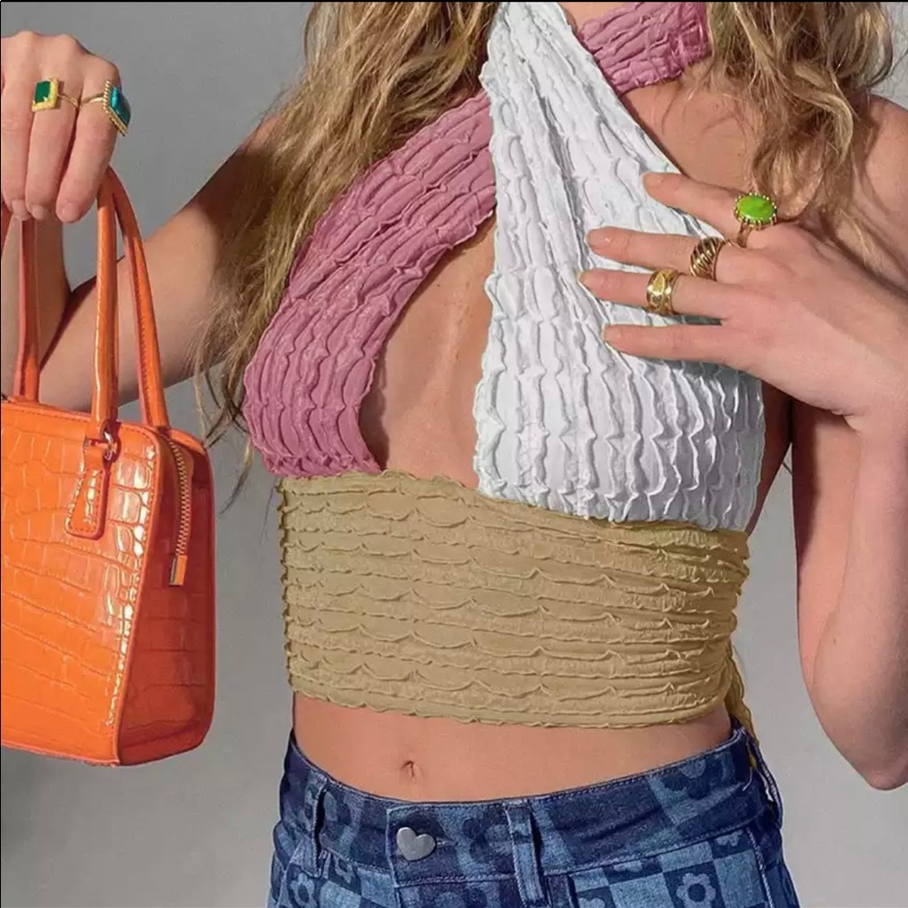 White pink beige wrap top crop top